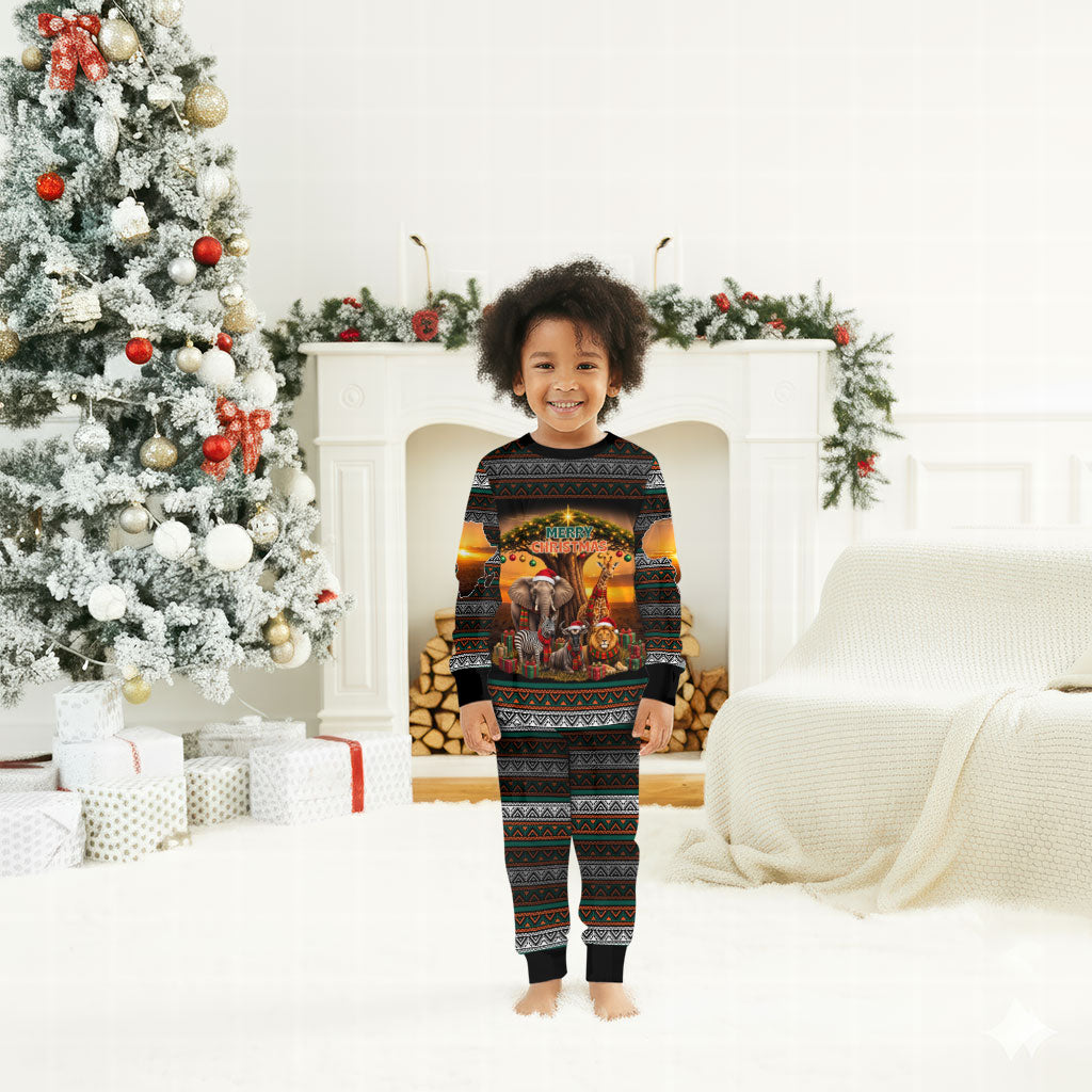 African Safari Animals Christmas Pajama Set Savannah Wildlife Festive Holiday Tribal Pattern