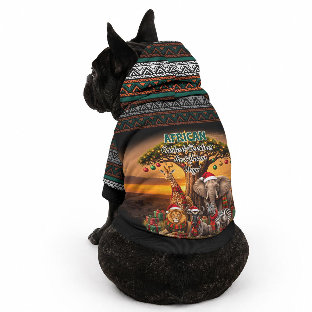 African Safari Animals Christmas Pet Hoodie Savannah Wildlife Festive Holiday Tribal Pattern