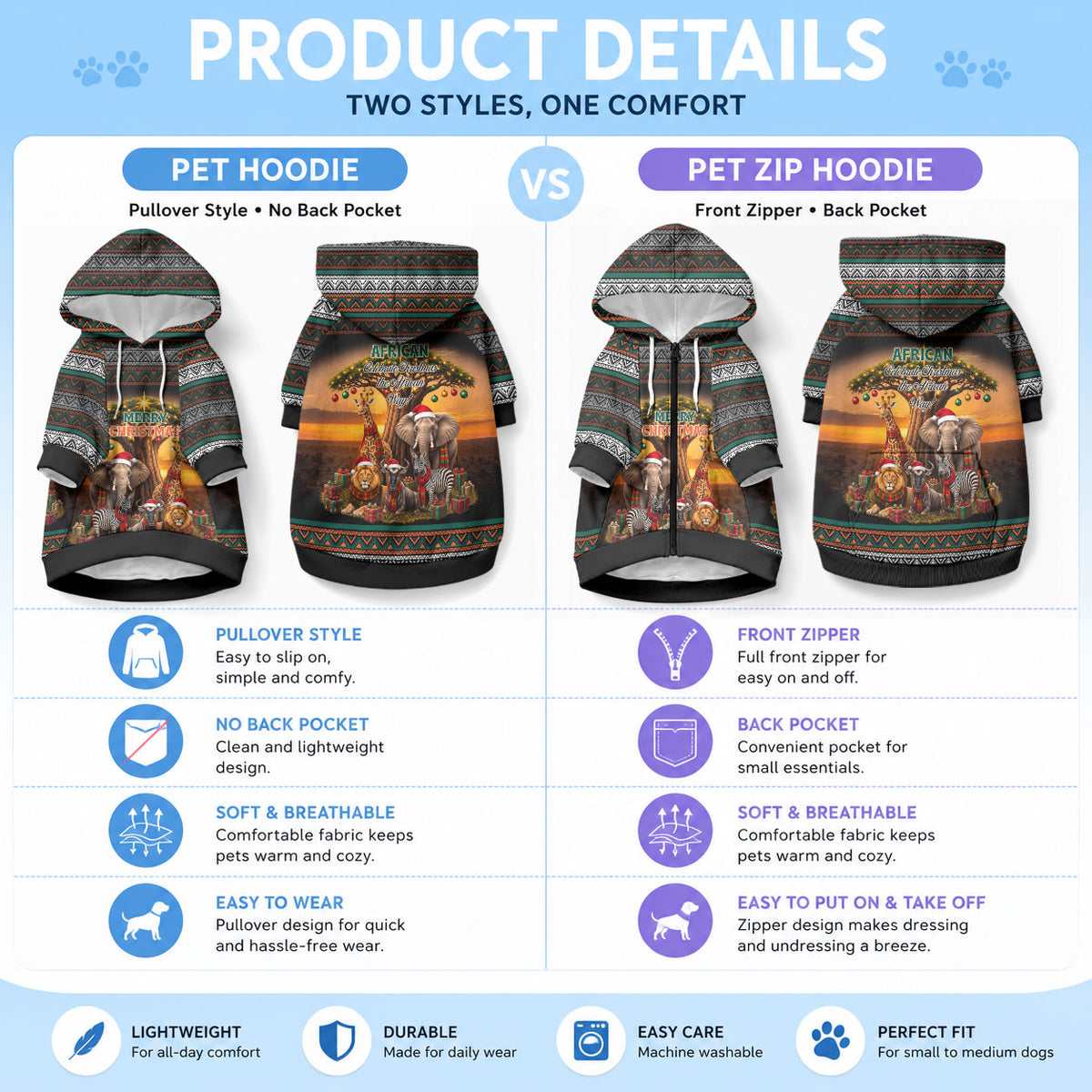 African Safari Animals Christmas Pet Hoodie Savannah Wildlife Festive Holiday Tribal Pattern