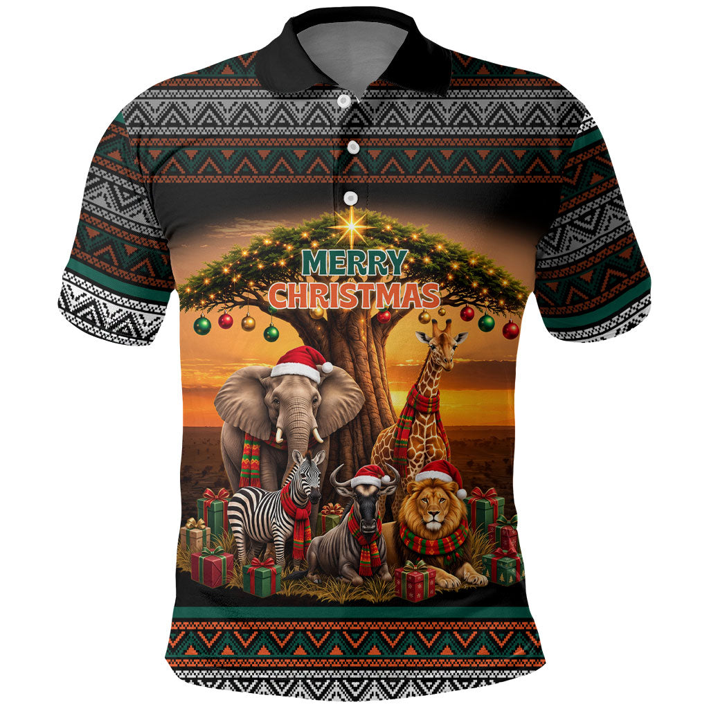 African Safari Animals Christmas Polo Shirt Savannah Wildlife Festive Holiday Tribal Pattern