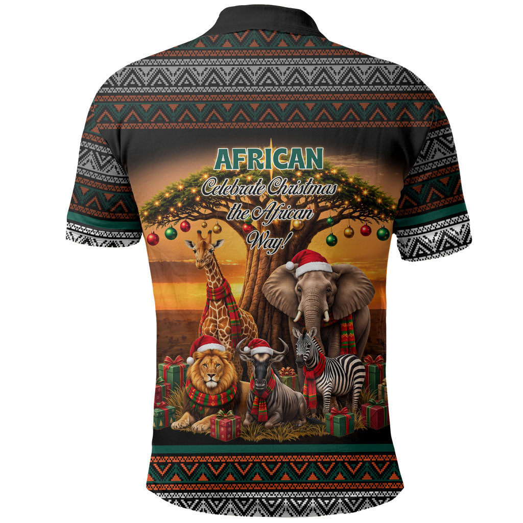 African Safari Animals Christmas Polo Shirt Savannah Wildlife Festive Holiday Tribal Pattern