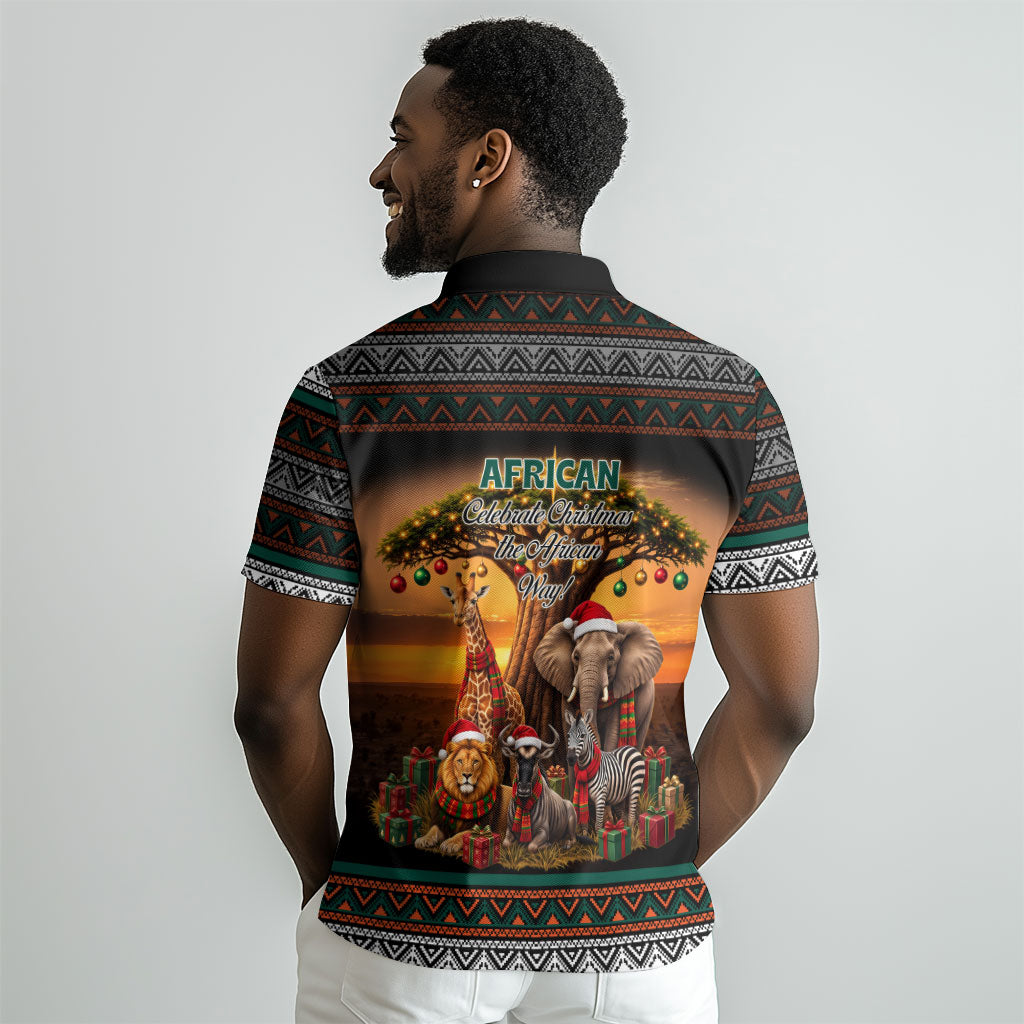 African Safari Animals Christmas Polo Shirt Savannah Wildlife Festive Holiday Tribal Pattern