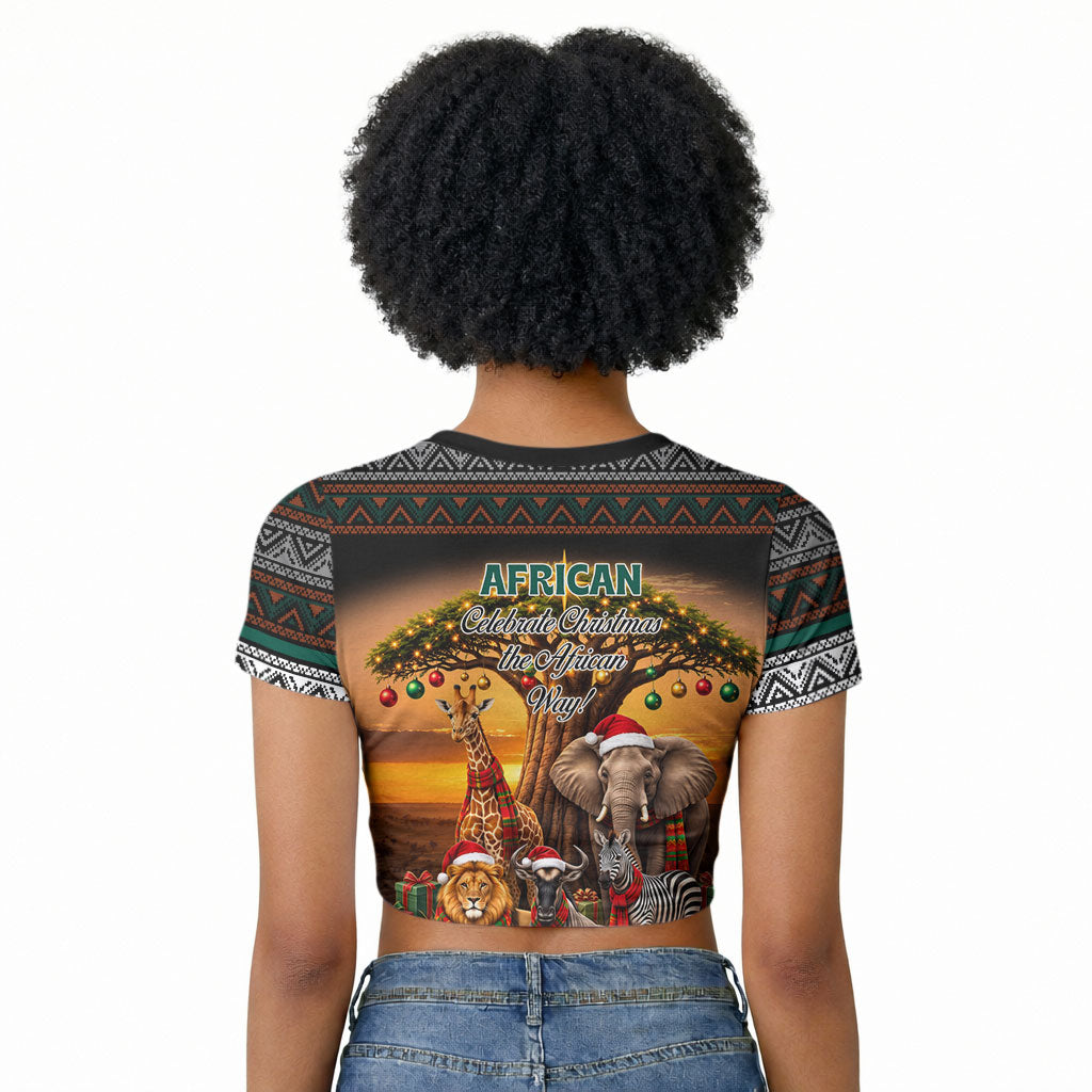 African Safari Animals Christmas Raglan Cropped T shirt Savannah Wildlife Festive Holiday Tribal Pattern