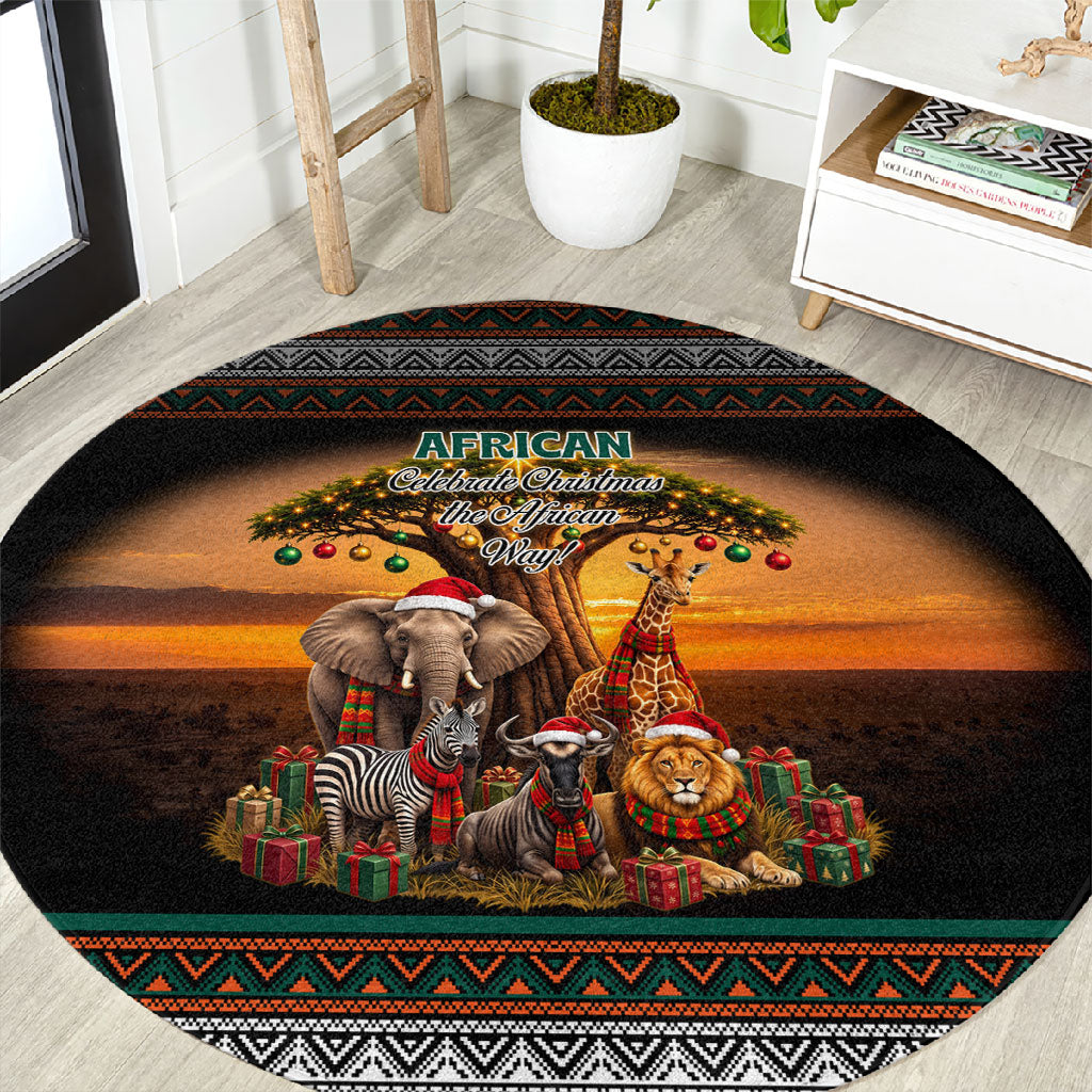 African Safari Animals Christmas Round Carpet Savannah Wildlife Festive Holiday Tribal Pattern