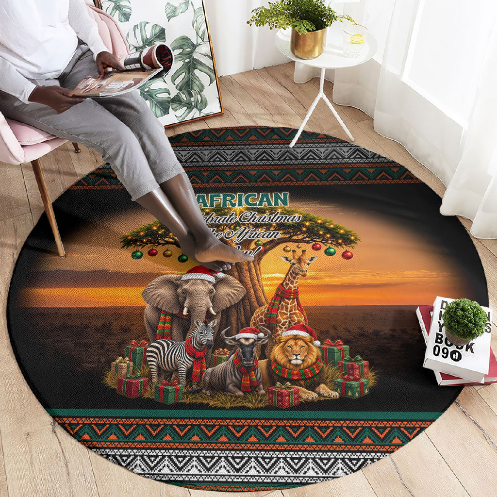 African Safari Animals Christmas Round Carpet Savannah Wildlife Festive Holiday Tribal Pattern