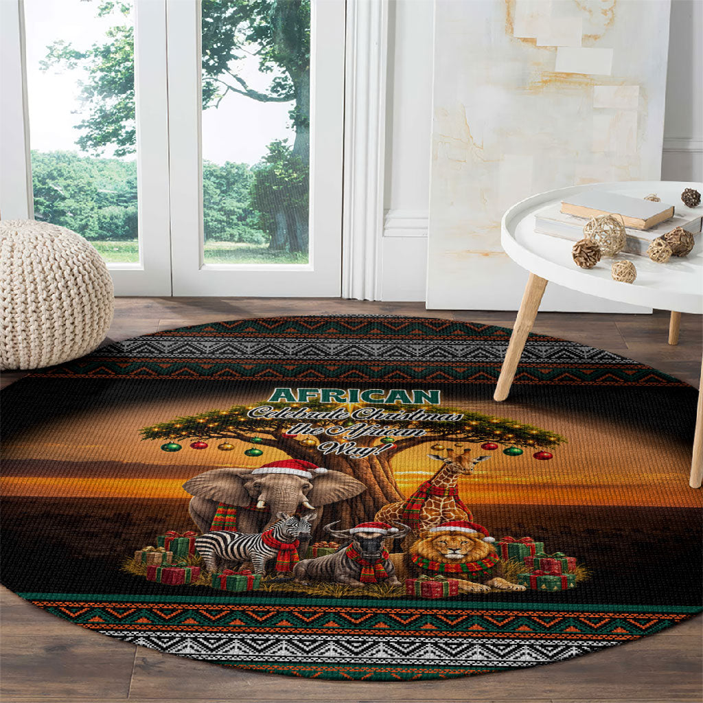 African Safari Animals Christmas Round Carpet Savannah Wildlife Festive Holiday Tribal Pattern