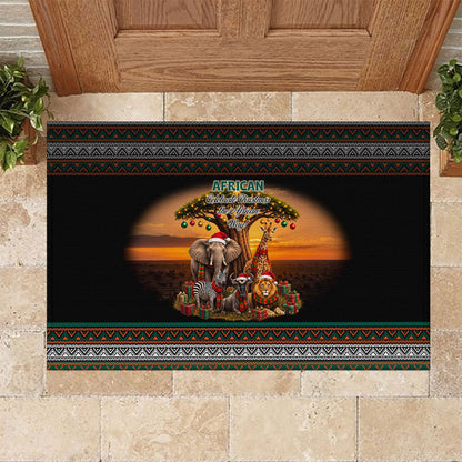African Safari Animals Christmas Rubber Doormat Savannah Wildlife Festive Holiday Tribal Pattern