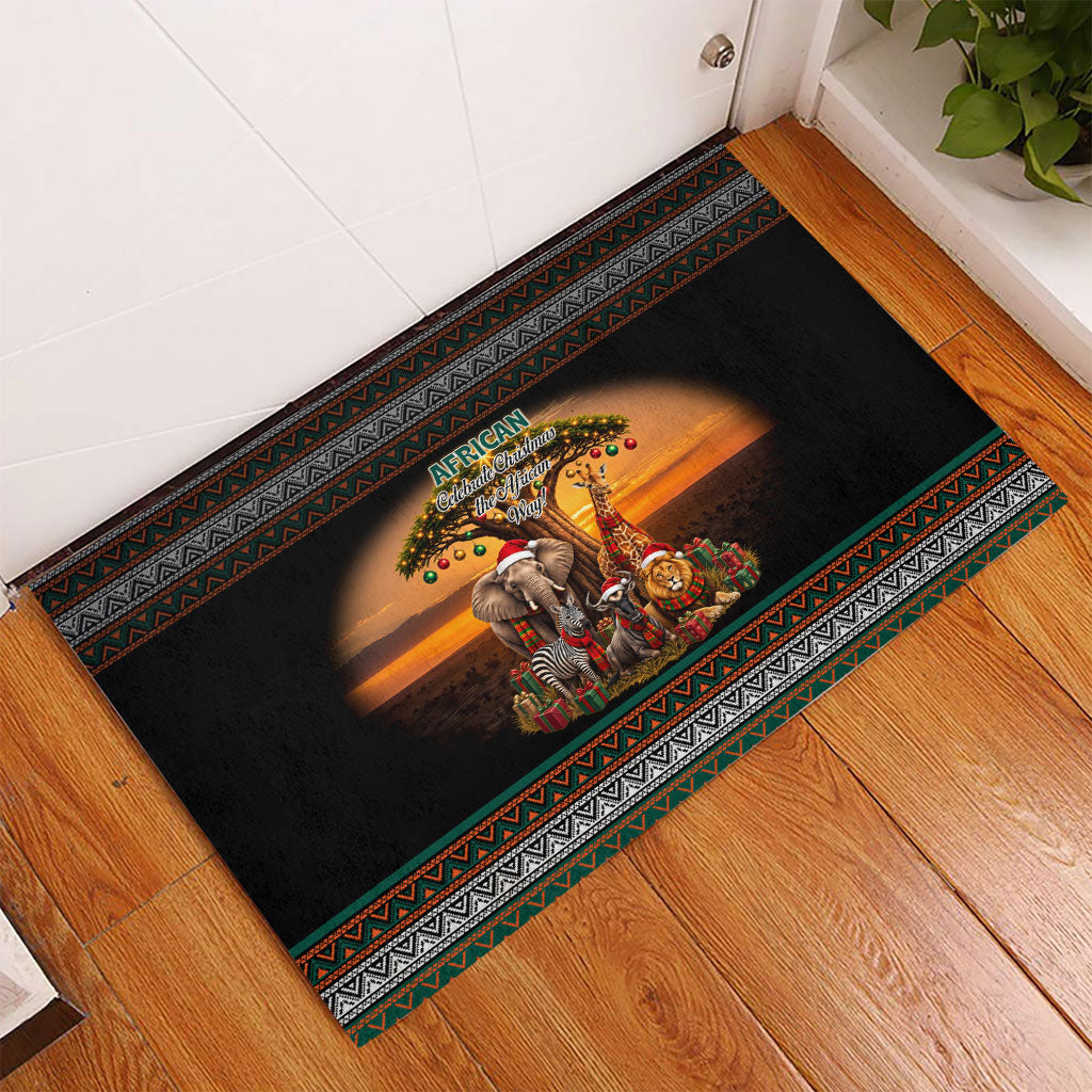 African Safari Animals Christmas Rubber Doormat Savannah Wildlife Festive Holiday Tribal Pattern
