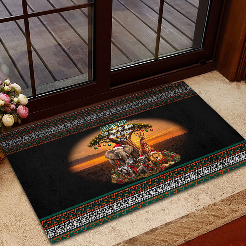 African Safari Animals Christmas Rubber Doormat Savannah Wildlife Festive Holiday Tribal Pattern