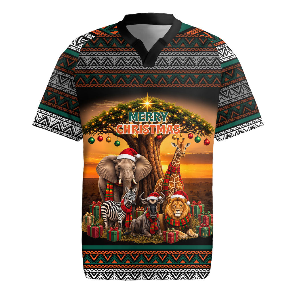 African Safari Animals Christmas Rugby Jersey Savannah Wildlife Festive Holiday Tribal Pattern