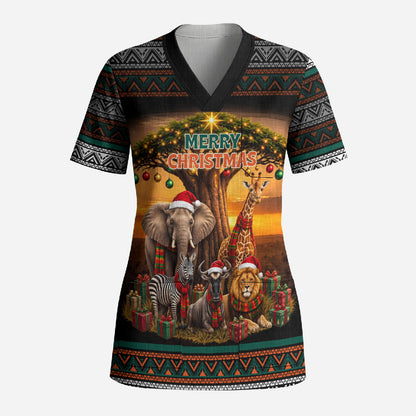 African Safari Animals Christmas Scrub Top Savannah Wildlife Festive Holiday Tribal Pattern