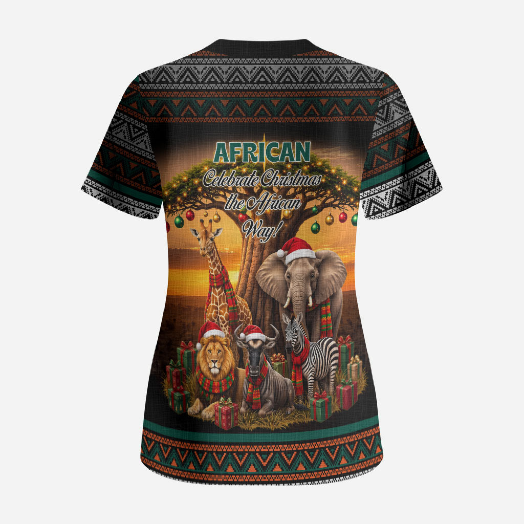 African Safari Animals Christmas Scrub Top Savannah Wildlife Festive Holiday Tribal Pattern