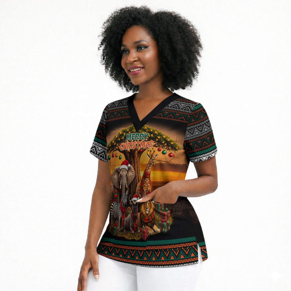 African Safari Animals Christmas Scrub Top Savannah Wildlife Festive Holiday Tribal Pattern