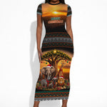 African Safari Animals Christmas Short Sleeve Bodycon Dress Savannah Wildlife Festive Holiday Tribal Pattern