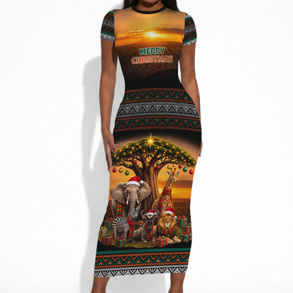 African Safari Animals Christmas Short Sleeve Bodycon Dress Savannah Wildlife Festive Holiday Tribal Pattern