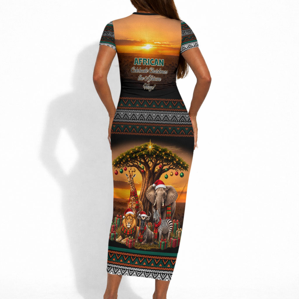 African Safari Animals Christmas Short Sleeve Bodycon Dress Savannah Wildlife Festive Holiday Tribal Pattern