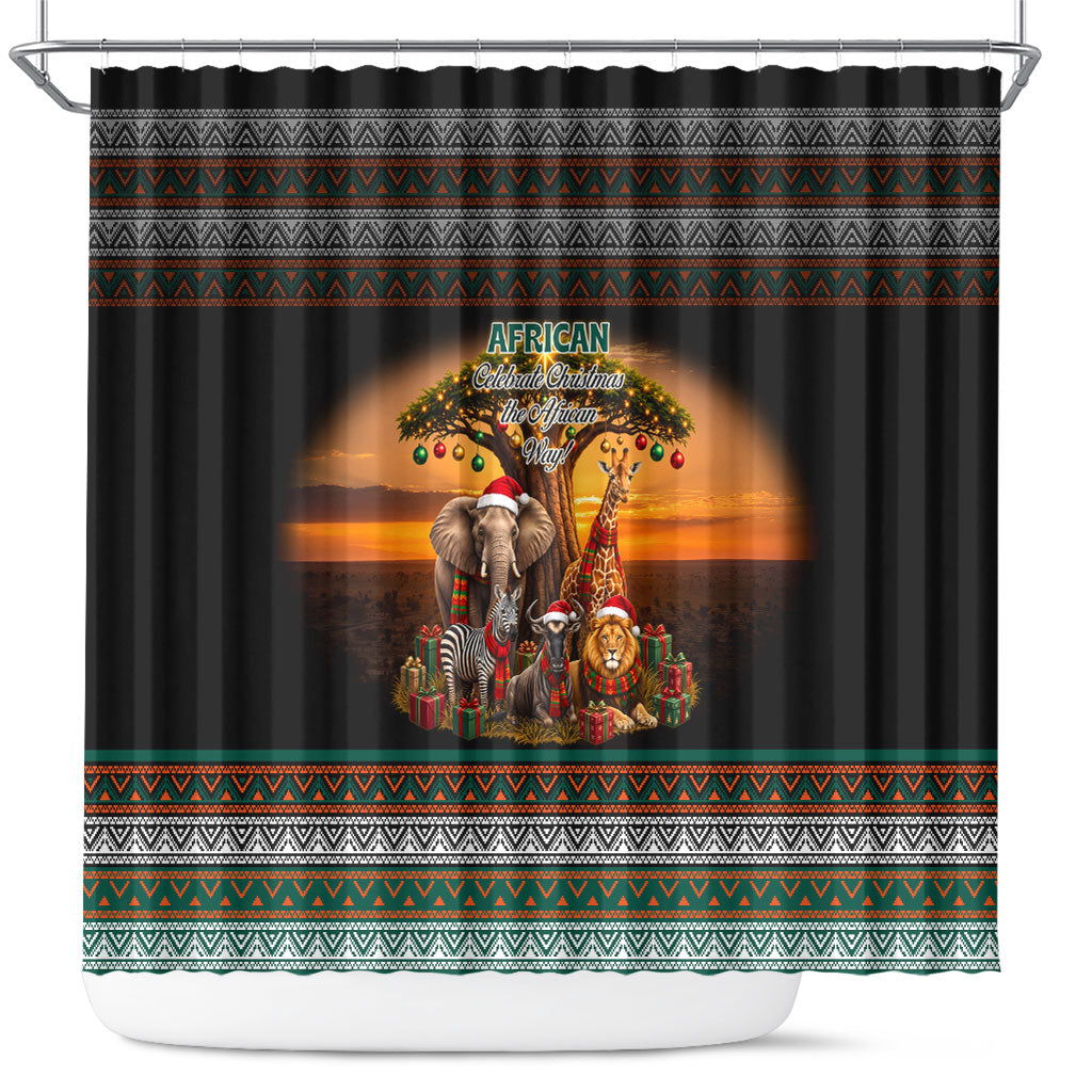 African Safari Animals Christmas Shower Curtain Savannah Wildlife Festive Holiday Tribal Pattern
