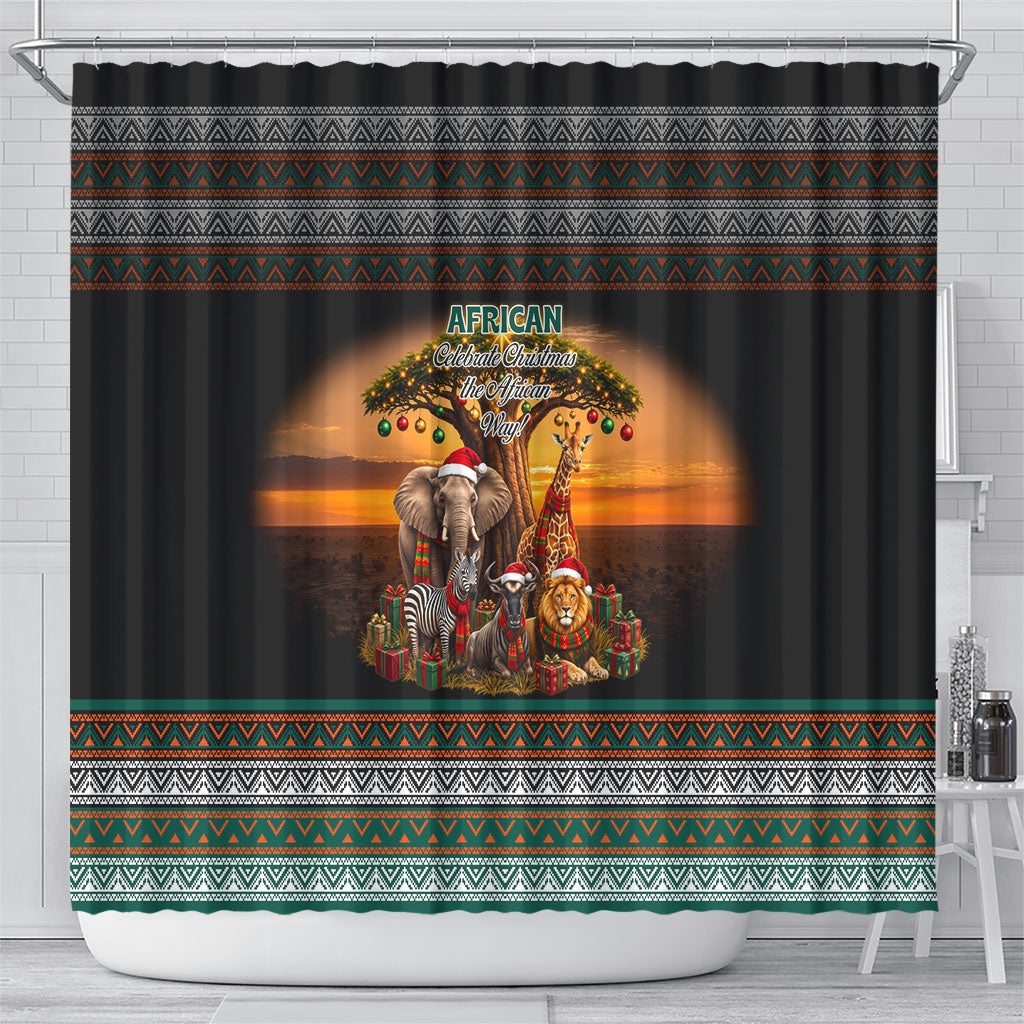 African Safari Animals Christmas Shower Curtain Savannah Wildlife Festive Holiday Tribal Pattern