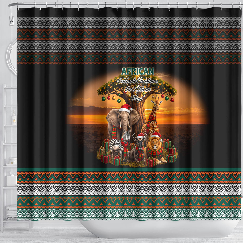 African Safari Animals Christmas Shower Curtain Savannah Wildlife Festive Holiday Tribal Pattern