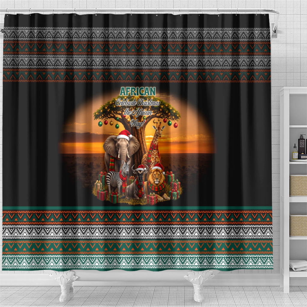 African Safari Animals Christmas Shower Curtain Savannah Wildlife Festive Holiday Tribal Pattern