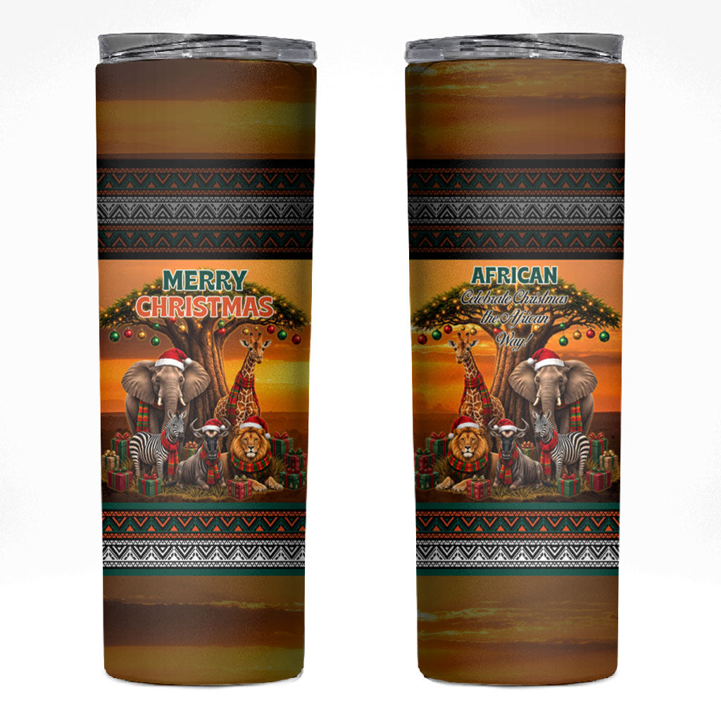 African Safari Animals Christmas Skinny Tumbler Savannah Wildlife Festive Holiday Tribal Pattern