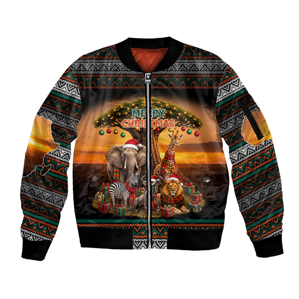 African Safari Animals Christmas Sleeve Zip Bomber Jacket Savannah Wildlife Festive Holiday Tribal Pattern