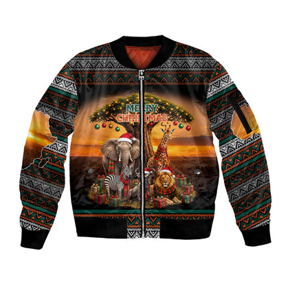 African Safari Animals Christmas Sleeve Zip Bomber Jacket Savannah Wildlife Festive Holiday Tribal Pattern