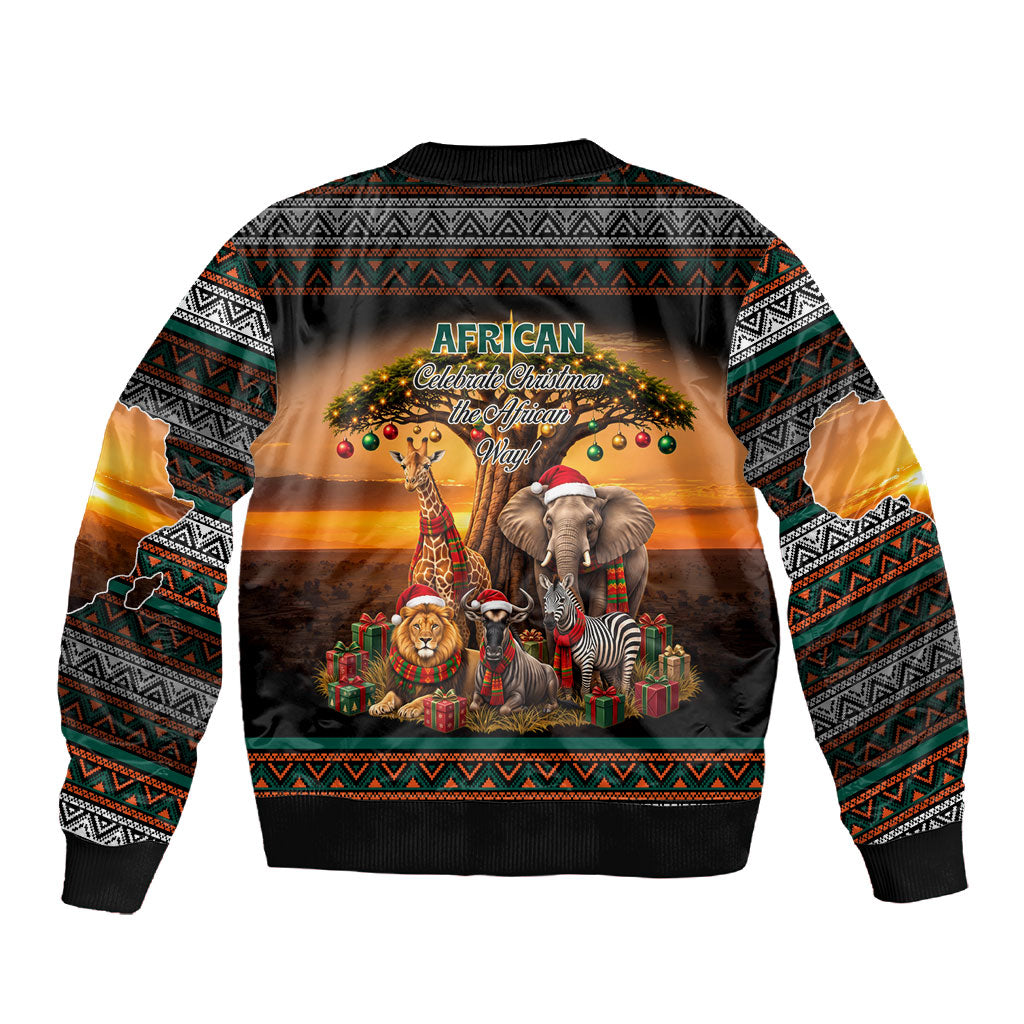 African Safari Animals Christmas Sleeve Zip Bomber Jacket Savannah Wildlife Festive Holiday Tribal Pattern