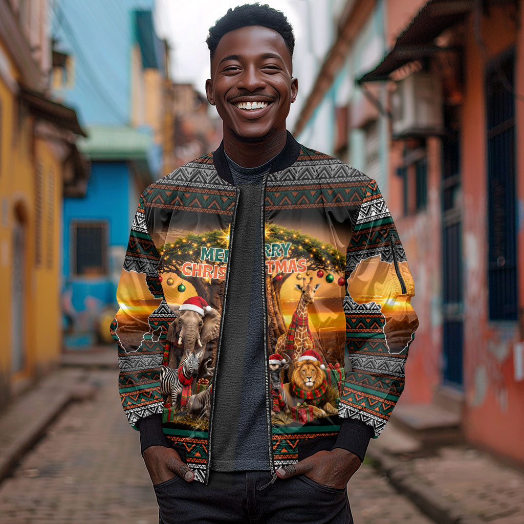 African Safari Animals Christmas Sleeve Zip Bomber Jacket Savannah Wildlife Festive Holiday Tribal Pattern