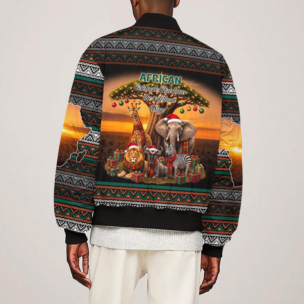 African Safari Animals Christmas Sleeve Zip Bomber Jacket Savannah Wildlife Festive Holiday Tribal Pattern