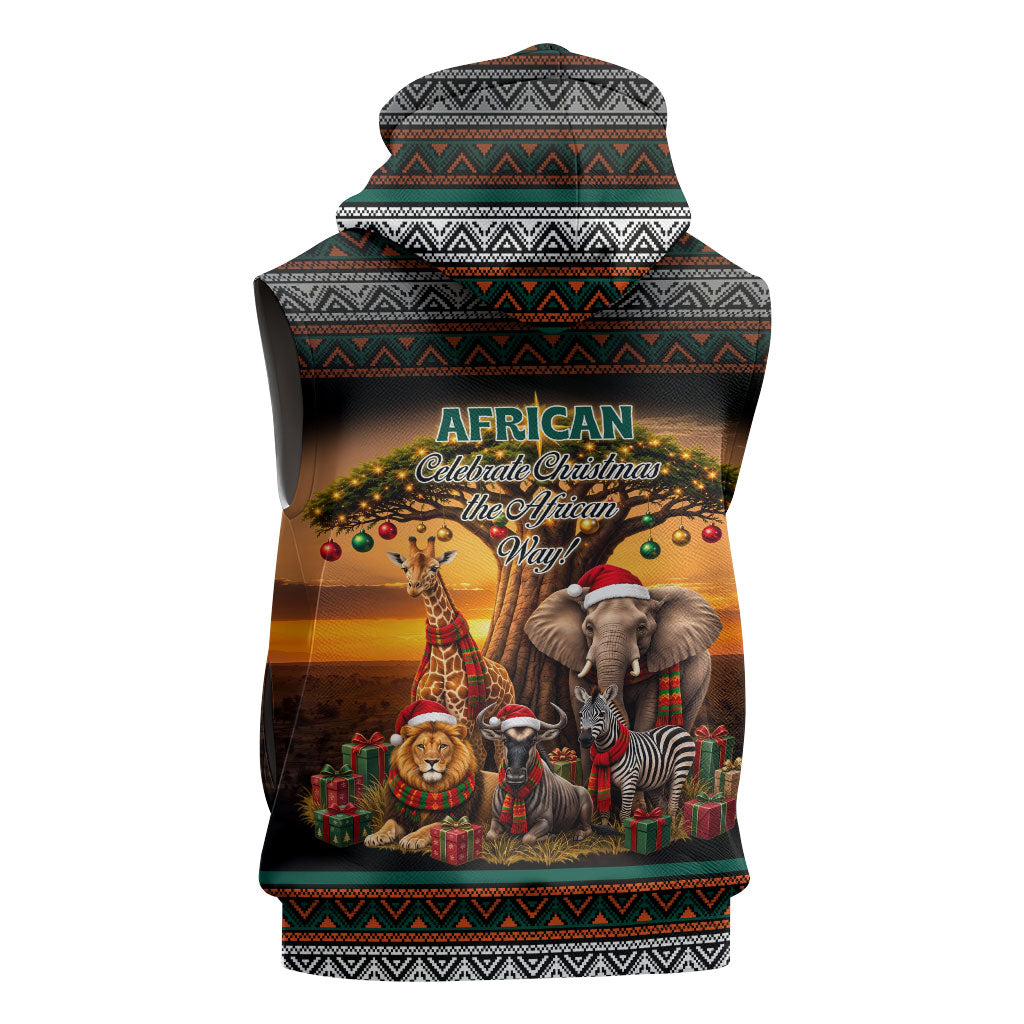 African Safari Animals Christmas Sleeveless Hoodie Savannah Wildlife Festive Holiday Tribal Pattern