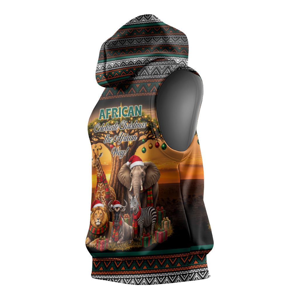 African Safari Animals Christmas Sleeveless Hoodie Savannah Wildlife Festive Holiday Tribal Pattern