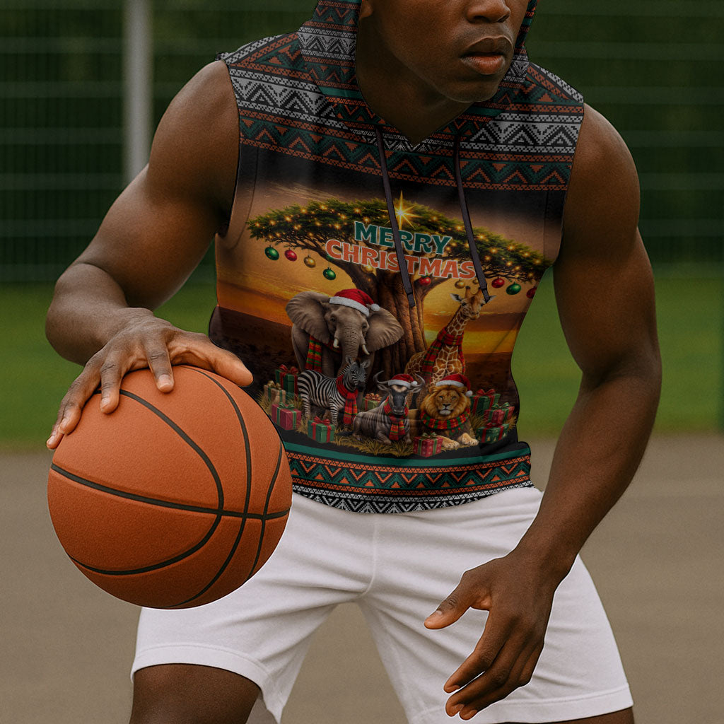 African Safari Animals Christmas Sleeveless Hoodie Savannah Wildlife Festive Holiday Tribal Pattern