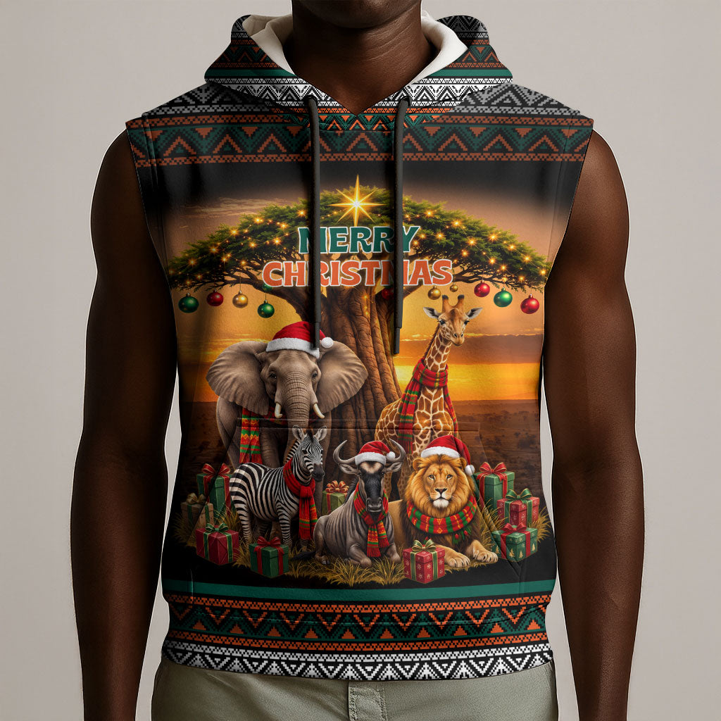 African Safari Animals Christmas Sleeveless Hoodie Savannah Wildlife Festive Holiday Tribal Pattern