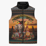 African Safari Animals Christmas Sleeveless Puffer Jacket Savannah Wildlife Festive Holiday Tribal Pattern
