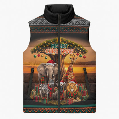African Safari Animals Christmas Sleeveless Puffer Jacket Savannah Wildlife Festive Holiday Tribal Pattern