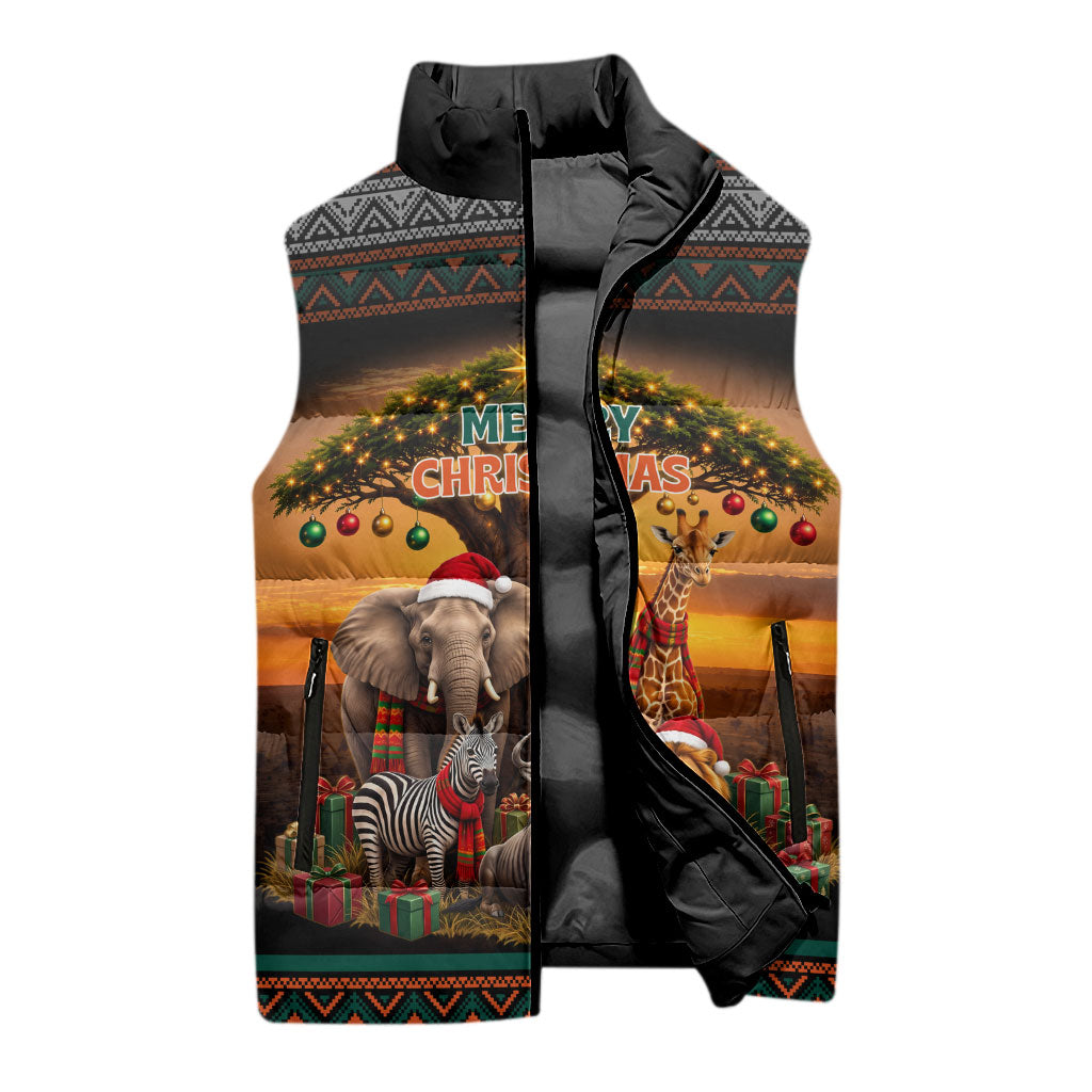 African Safari Animals Christmas Sleeveless Puffer Jacket Savannah Wildlife Festive Holiday Tribal Pattern