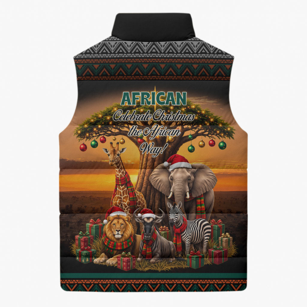 African Safari Animals Christmas Sleeveless Puffer Jacket Savannah Wildlife Festive Holiday Tribal Pattern