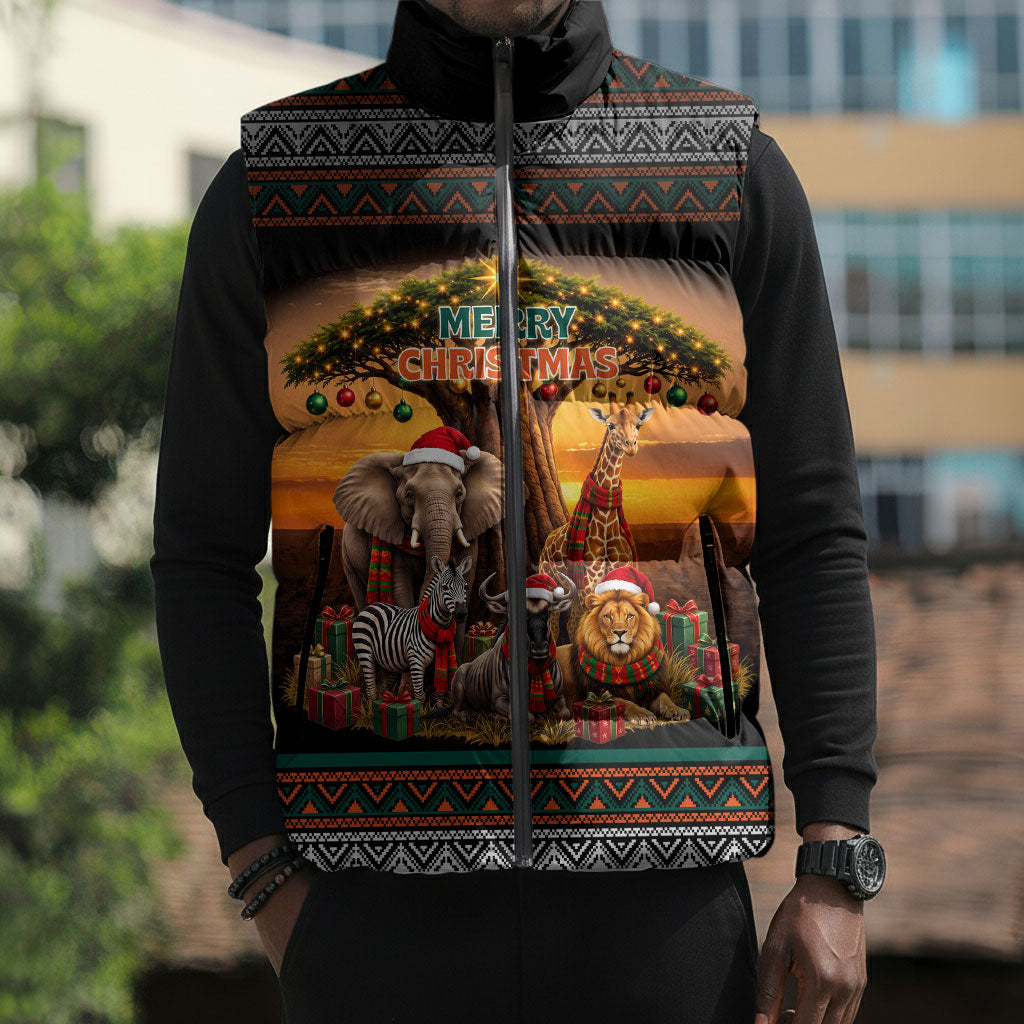 African Safari Animals Christmas Sleeveless Puffer Jacket Savannah Wildlife Festive Holiday Tribal Pattern
