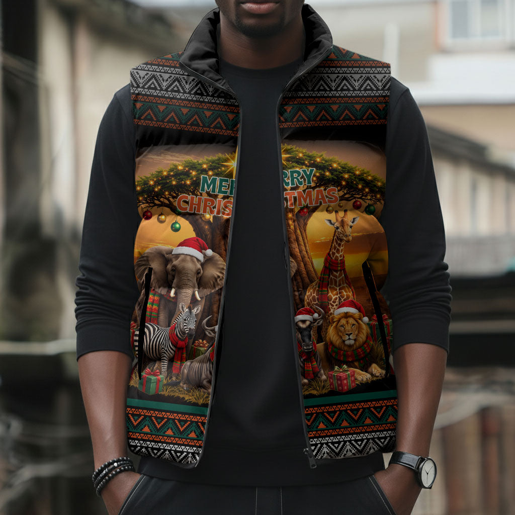 African Safari Animals Christmas Sleeveless Puffer Jacket Savannah Wildlife Festive Holiday Tribal Pattern