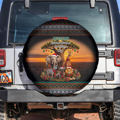 African Safari Animals Christmas Spare Tire Cover Savannah Wildlife Festive Holiday Tribal Pattern