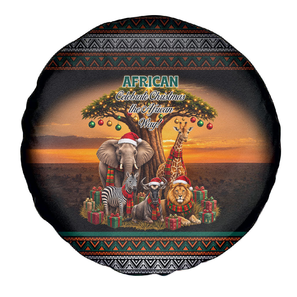 African Safari Animals Christmas Spare Tire Cover Savannah Wildlife Festive Holiday Tribal Pattern