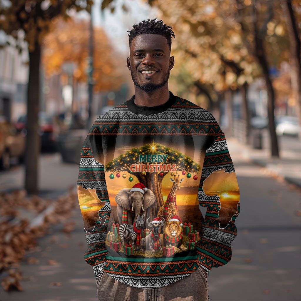 African Safari Animals Christmas Sweatshirt Savannah Wildlife Festive Holiday Tribal Pattern