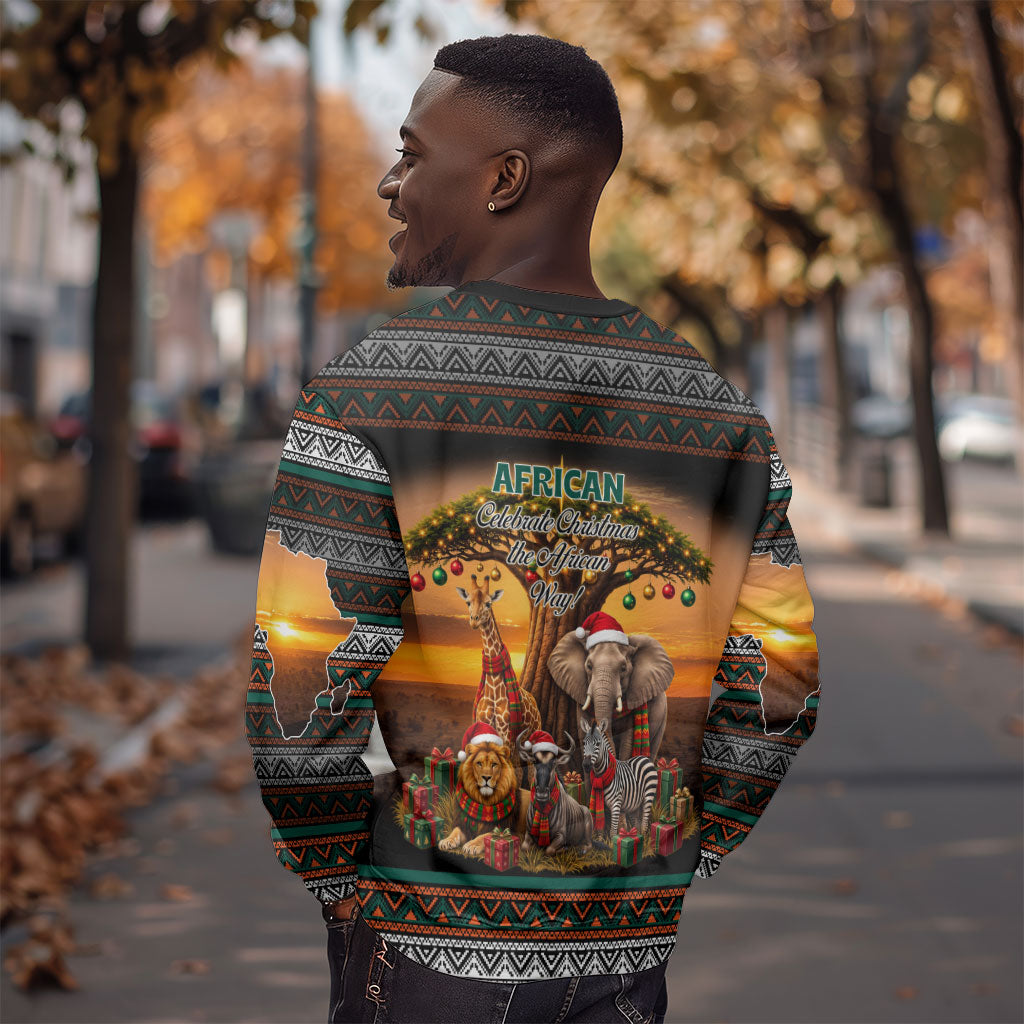 African Safari Animals Christmas Sweatshirt Savannah Wildlife Festive Holiday Tribal Pattern