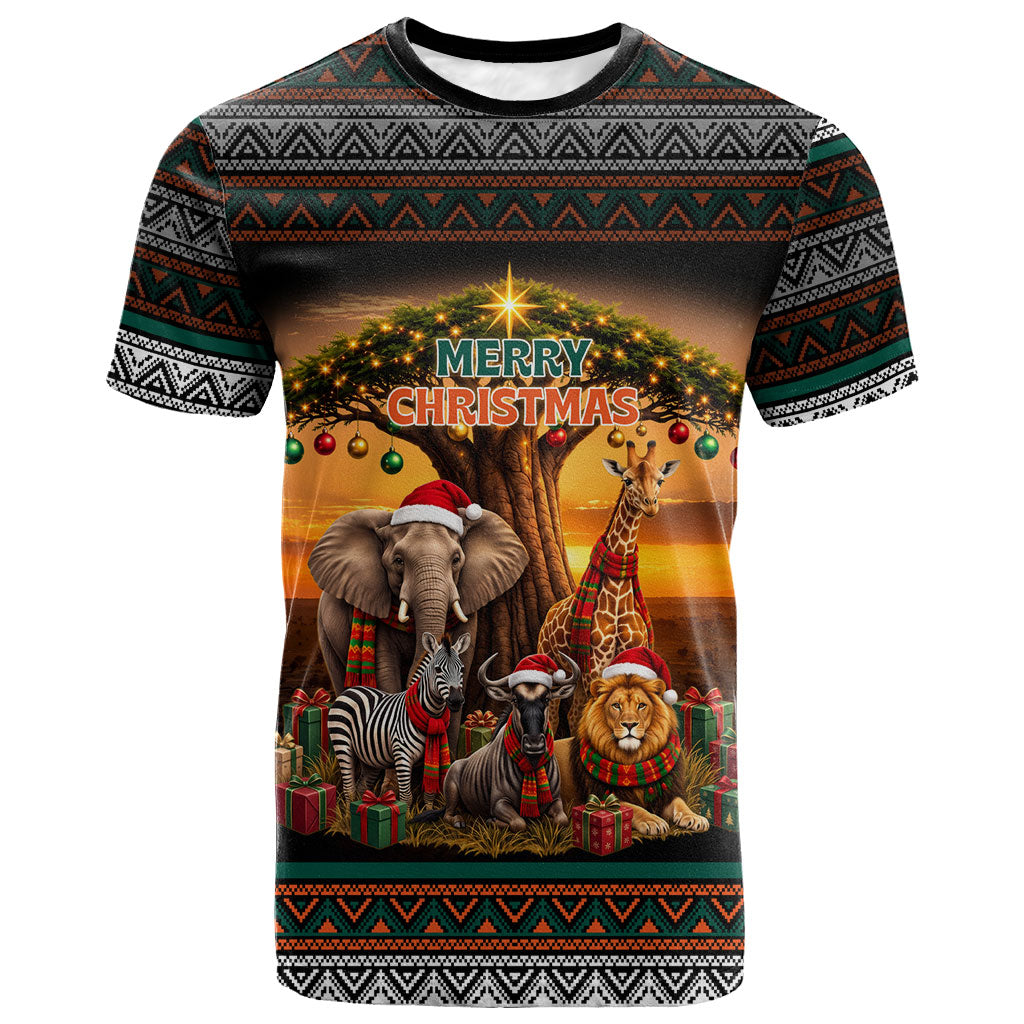 African Safari Animals Christmas T shirt Savannah Wildlife Festive Holiday Tribal Pattern