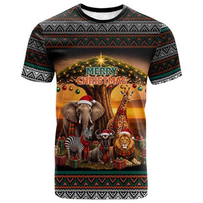 African Safari Animals Christmas T shirt Savannah Wildlife Festive Holiday Tribal Pattern