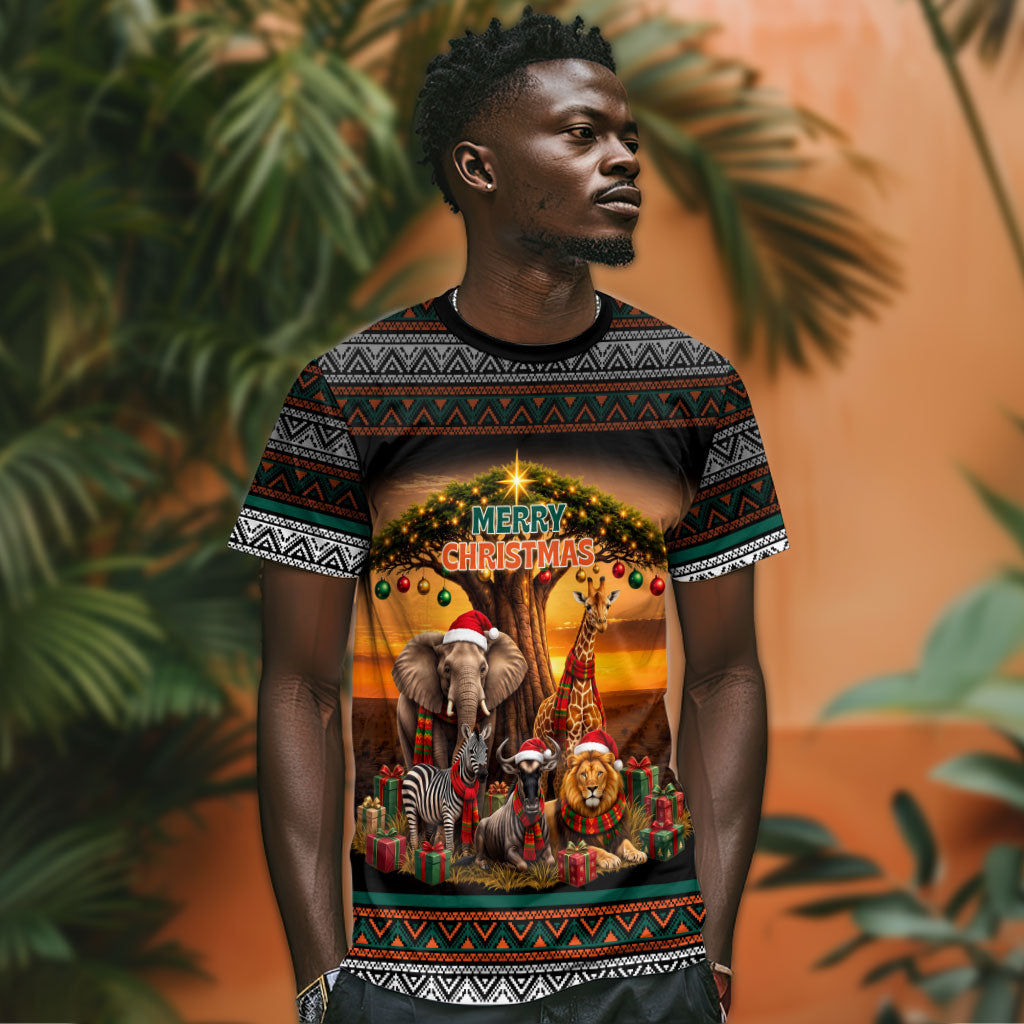 African Safari Animals Christmas T shirt Savannah Wildlife Festive Holiday Tribal Pattern