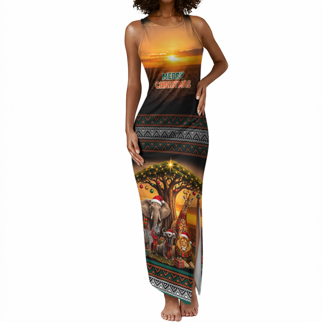 African Safari Animals Christmas Tank Maxi Dress Savannah Wildlife Festive Holiday Tribal Pattern
