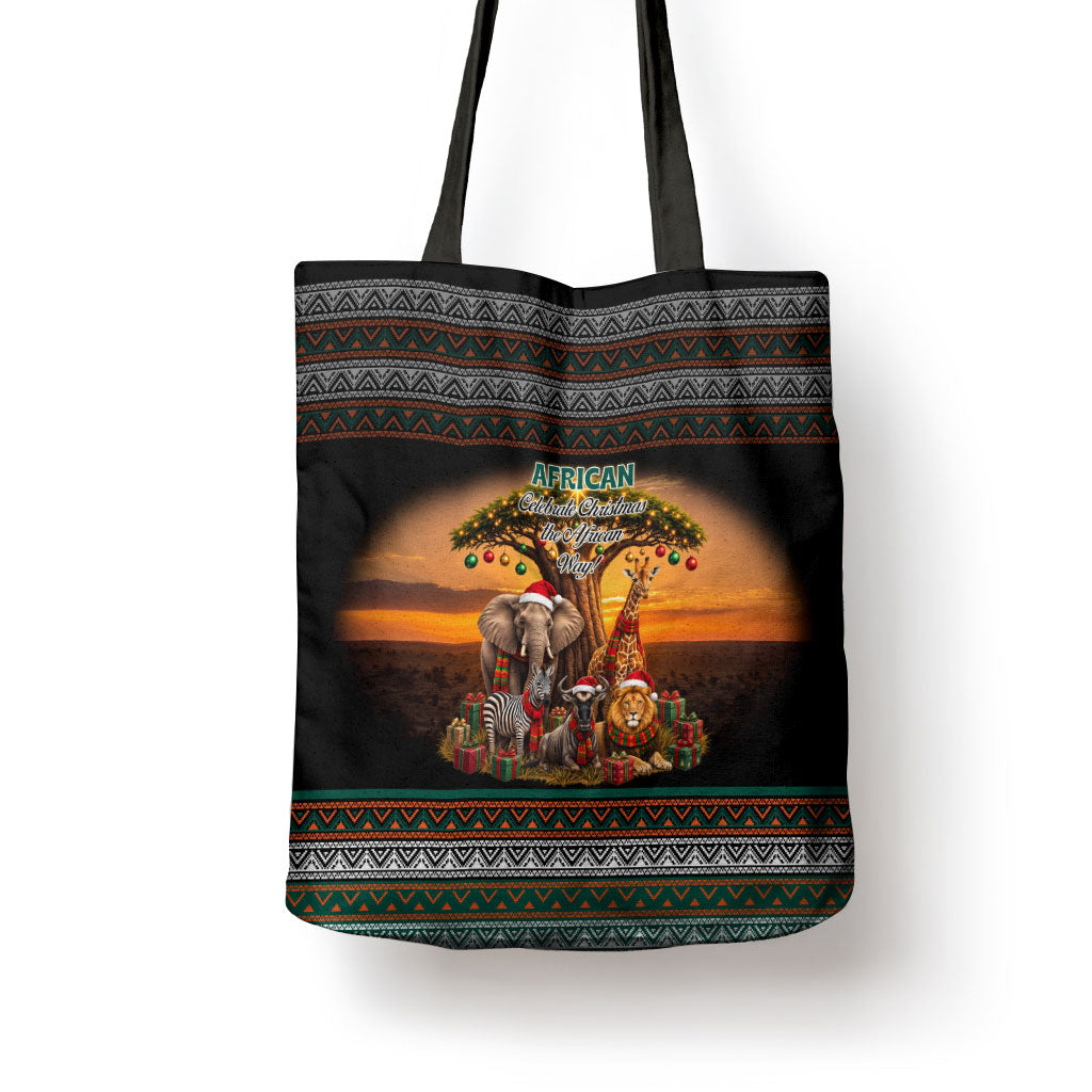 African Safari Animals Christmas Tote Bag Savannah Wildlife Festive Holiday Tribal Pattern