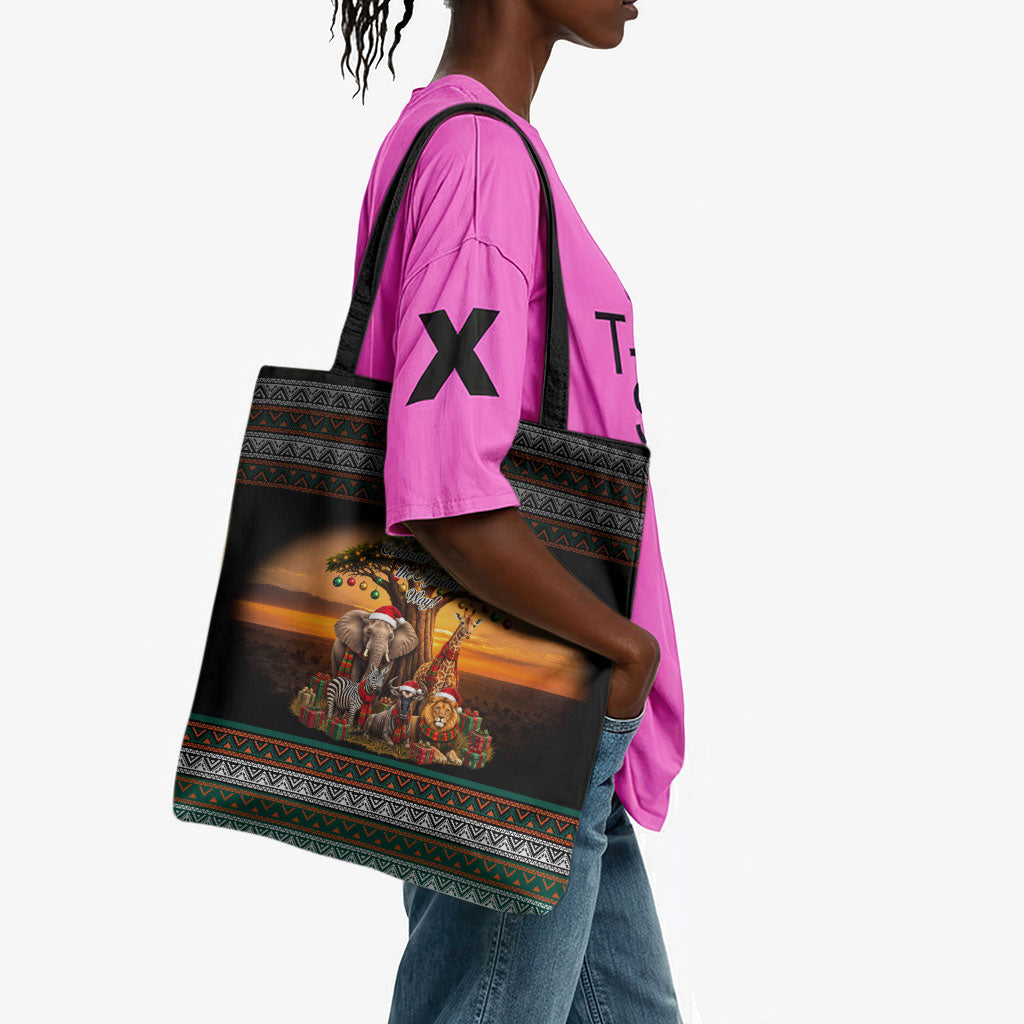 African Safari Animals Christmas Tote Bag Savannah Wildlife Festive Holiday Tribal Pattern